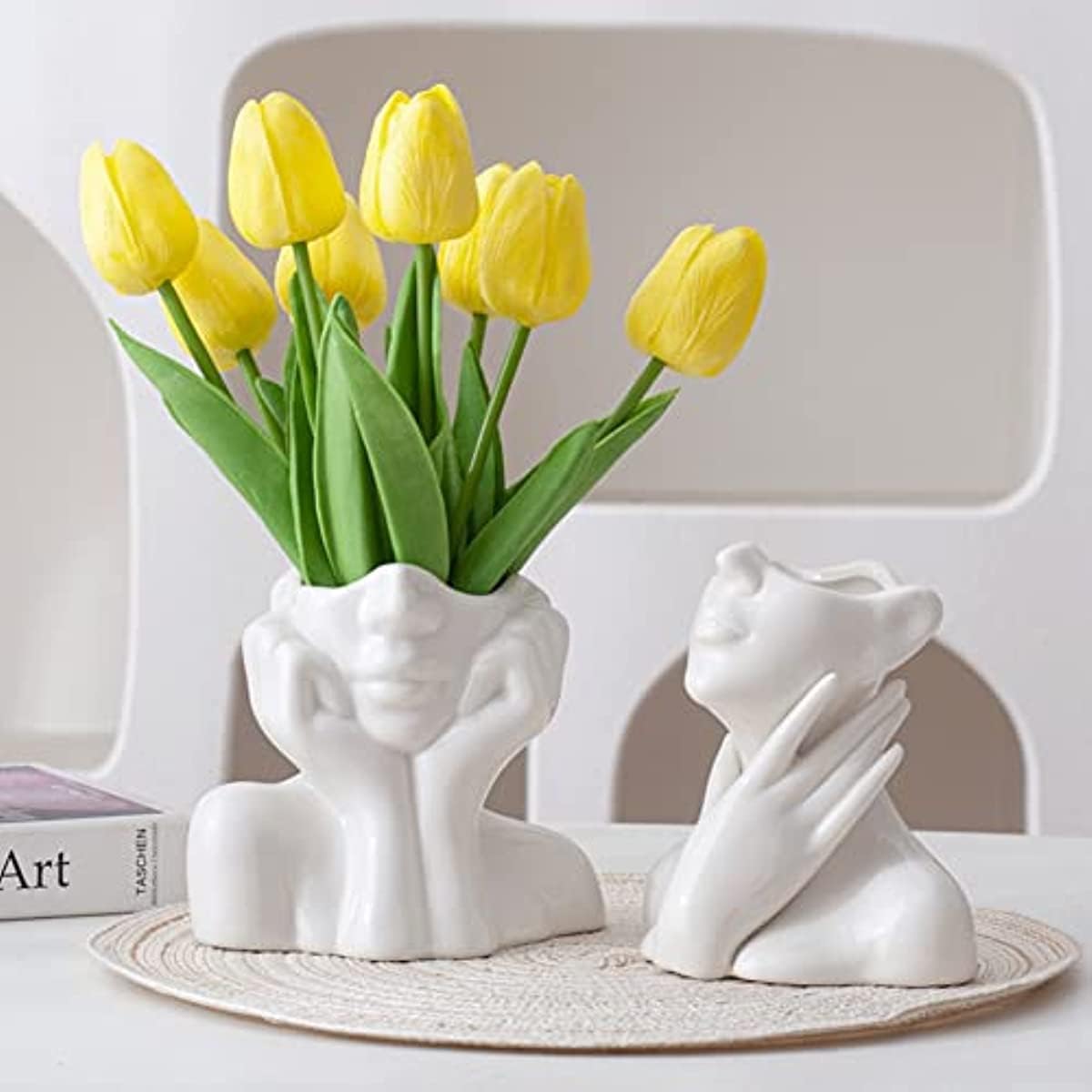 White Ceramic Face Vase, Female Form Head Half Body Bust Vases Boho Feminist Minimalism Decorative Modern Nordic Style Flower Vase for Home Living Room Office Book Shelf Decor (Medium)
