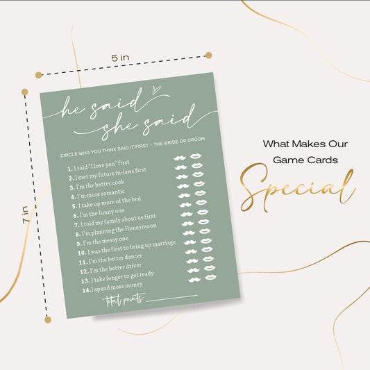 Bridal Shower Games Cards, He Said She Said Game Cards, Bridal Shower Game 25 Guests, Engagement Party Wedding Games for Guests, Minimalist Green Wedding Party Supplies - C07