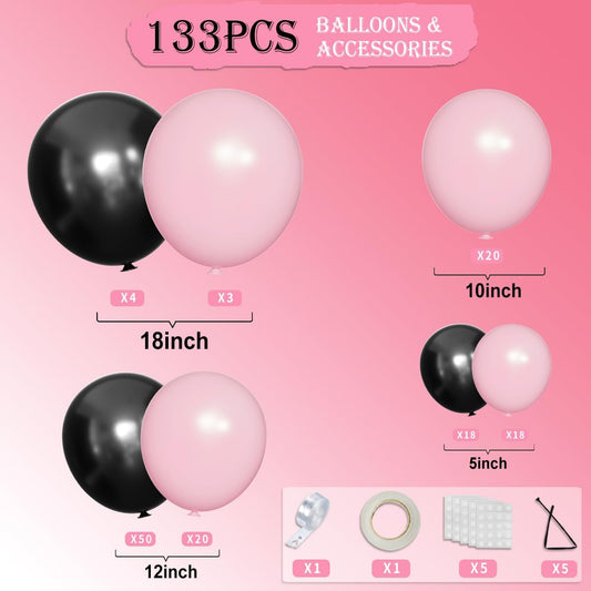 Pink Black Balloon Garland 138 PCS 18In 10In 5In Latex Balloons Arch Kit for Bachelorette Bridal Shower Baby Shower Birthday Graduation Anniversary Party Decors (Pink Black)