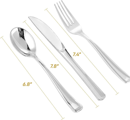 FOCUSLINE 300 Pack Silver Plastic Cutlery Set - 100 Forks, 100 Knives, 100 Spoons - Disposable Flatware Heavy Duty Plastic Silverware Set for Catering, Parties, Dinners, Weddings