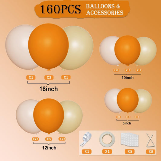 Fall Balloon Garland Arch Kit, 160Pcs Boho Burnt Orange Pastel Brown Pale Orange Balloons for Birthday, Baby Bridal Shower, Wedding Party Decorations