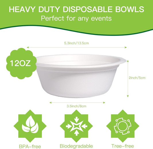 150 PCS Eco-Friendly Sugarcane Bowls - 12 oz Heavy-Duty Disposable Paper Bowls - 100% Compostable and Biodegradable for Hot or Cold Food, Snacks, Salads, Soup