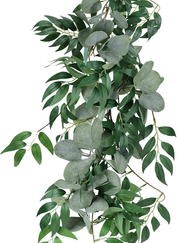 Windiy 5.5' L Mixed Faux Silver Dollar Eucalyptus Artificial Willow Vines Twigs Leaves Garland Wedding Arch Swag Backdrop Greenery Garland Table Runner Indoor Outdoor