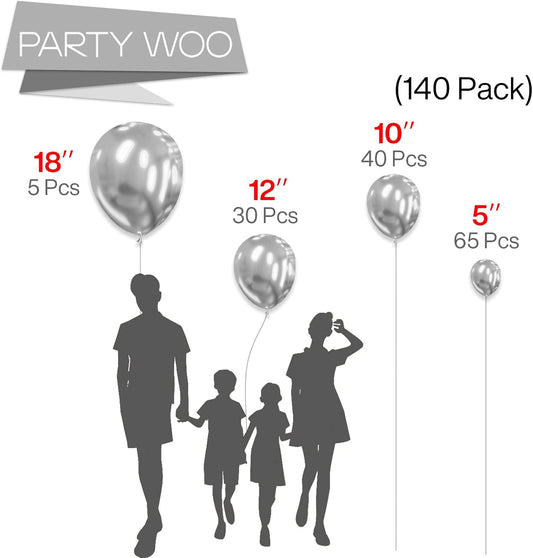 PartyWoo Metallic Silver Balloons 140pcs Different Sizes Pack of 18 12 10 5 Inch Chrome Silver Balloon Arch Kit for Graduation Wedding Birthday Bachelorette Engagement Party Decorations Silver-G102