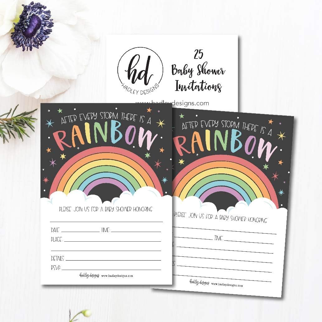 Hadley Designs 25 Rainbow Baby Shower Invitations for boy or girl, Gender Neutral Reveal Themed, Cute Printed Fill or Write In Blank Printable Card, After Every Storm Coed Twin Party Paper Supplies