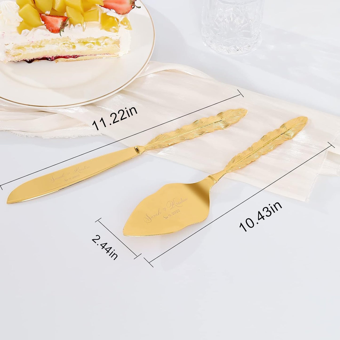 Wedding Cake Knife and Server Set, Personalized Gold Cake Cutting Set for Wedding, Engraved Classic Cake Cutter Set, Pie PastryServer, Birthday Bridal Quinceañera Gift (CUS-Feather)