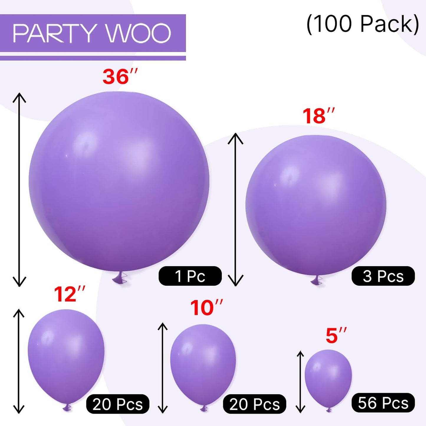 Light Purple Balloons 100 Pack – Multi-Size 36 18 12 10 5 Inch Lavender Lilac Balloon Arch Kit for Graduation, Baby Shower, Halloween & Birthday Party
