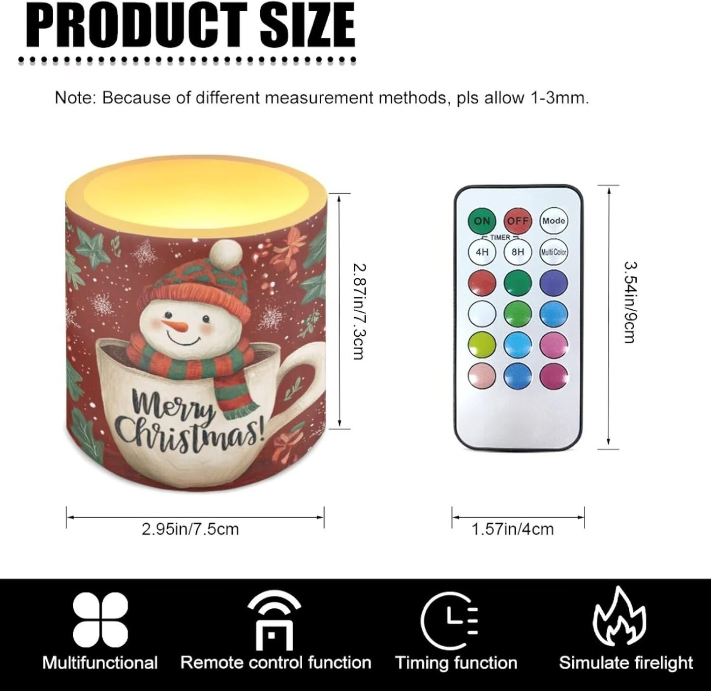 Poceacles Christmas LED Candles Set of 4 Battery Powered Flameless Candles with Multi-Color Lighting Options, Timer Function, for Indoor Outdoor Decor, Snowman Teacup Merry Christmas Red