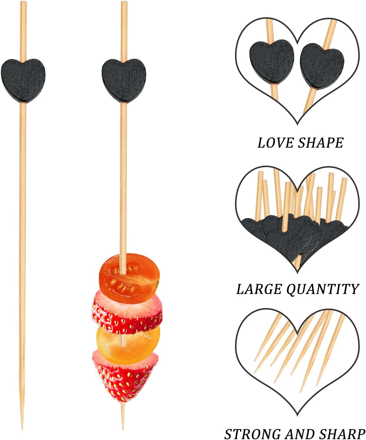 500 Pieces Black Heart Toothpicks 4.7 Inch Fancy Bamboo Cocktail Picks for Frozen Appetizers Long Fruit Charcuterie Drink Sticks Wedding Party Valentines Day Decoration Party Supplies
