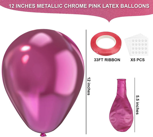 Pink Metallic Chrome Latex Balloons, 100pcs 12inches Round Helium Pink Metallic Chrome Balloons for Birthday Baby Shower Wedding Birthday Valentine's Day Party Decorations
