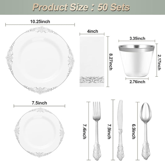 350PCS Silver Plastic Plates for 50 Guests, Disposable Dinnerware Set Includes 100 Disposable Plates, 150 Silver Silverware, 50 Cups, 50 Napkins for Party & Wedding