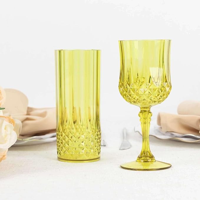Efavormart 6 Pack Green Crystal Cut Reusable Plastic Highball Drink Glasses, Shatterproof Tall Cocktail Tumbler Cups - 14oz