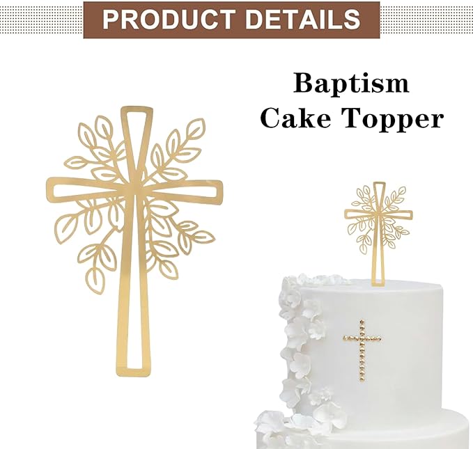 3 Pcs Baptism Cake Topper Personalized God Bless Cake Topper with Cross Glitter for Party Decoration Supplies(Gold) (Leaf style)