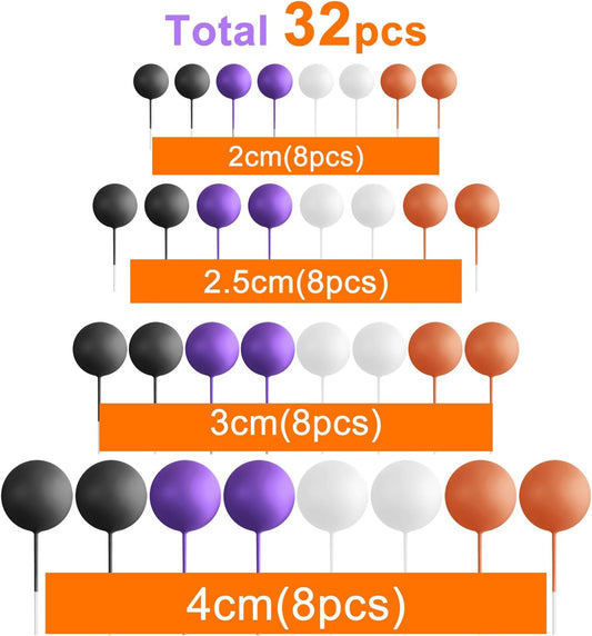 ASTARON 32 Pcs Ball Cake Topper Halloween Decorations Mini Balloons Sticks Foam Balls Birthday Cake Topper Picks Cake Decorations for Halloween Supplies (Orange,Black,Purple)