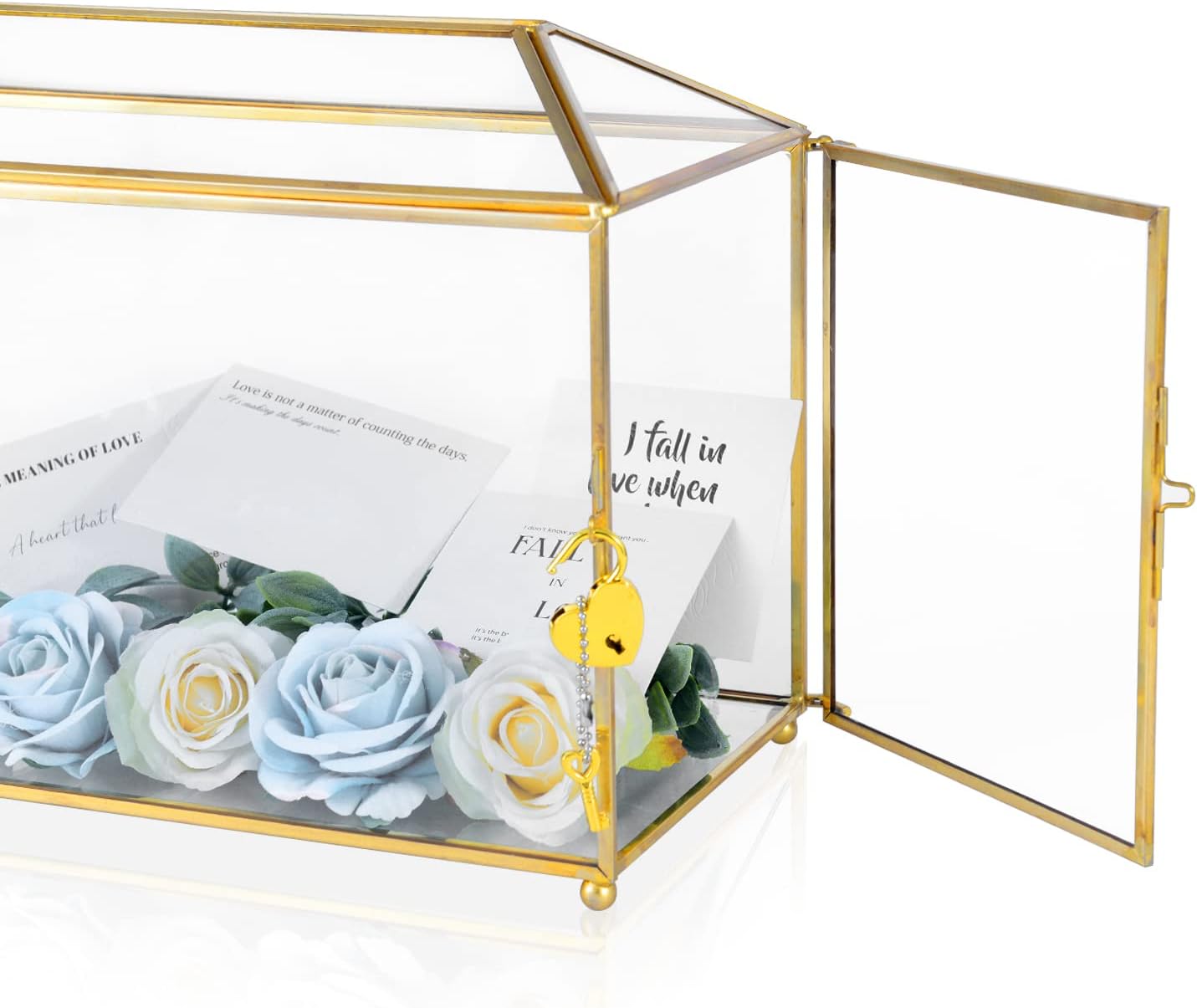 Glass Wedding Card Box with Lock, 12.6x5.9x9 inches Large Gold Card Boxes for Wedding Reception, Keepsake Display, Graduation, Party Centerpiece Decorative Box