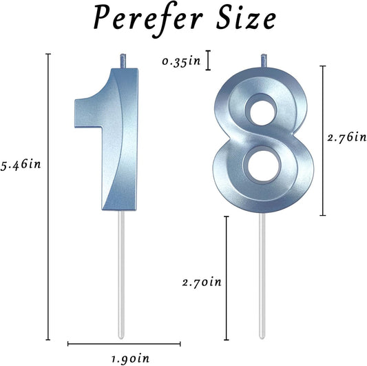 Blue Number 18 Candles, 3D Diamond 2.76 Inch Cake Topper Birthday Candles for Wedding Anniversary Cake Decorations, Happy Birthday Party Decorations
