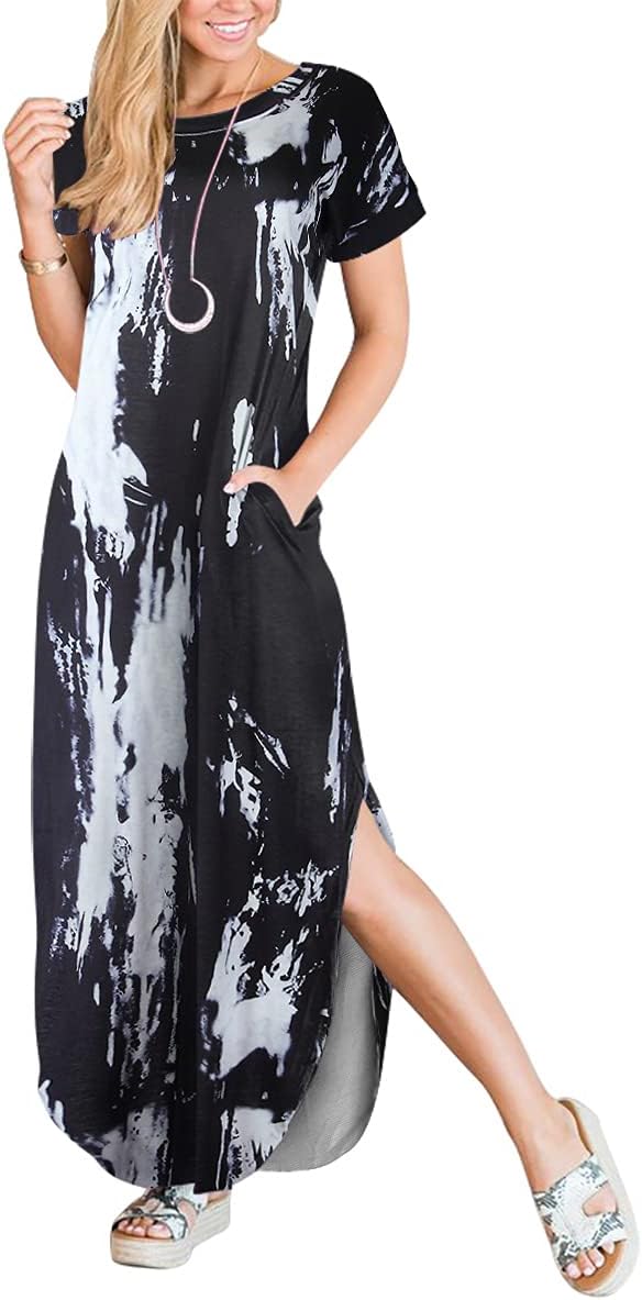 ANRABESS Womens Summer Maxi Dress Short Sleeve Casual Loose Long T Shirt Dresses Split Vacation Beach Sundress Travel Outfits