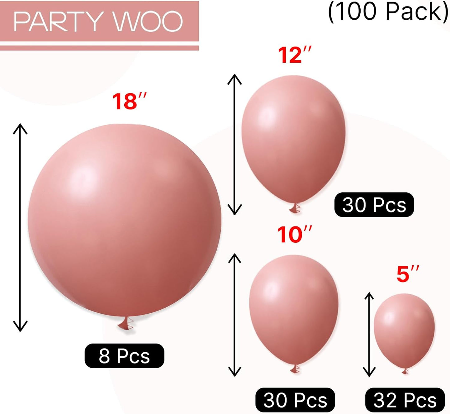 PartyWoo Dusty Pink Balloons 100pcs Different Sizes of 18 12 10 5 Inch Blush Pink Dusty Rose Boho Netural Balloon Arch Kit Garland for Baby Shower Princess Girl Birthday Party Decorations Pink-F01