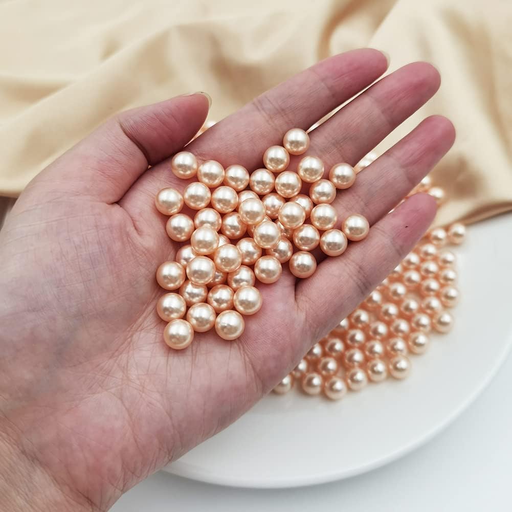 INSPIRELLE 1100pcs Champagne Undrilled ABS Pearls for Vase Fillers, 8mm No Hole Makeup Beads to Hold Brush Lipstick Eyeliner, Imitation Round Pearl Beads for Table Scatter Home Wedding Decoration