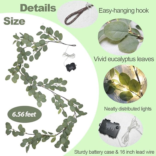 6.56FT Eucalyptus Garland with Lights 96 LEDs 8 Modes Battery Operated with Timer Faux Twig Vine Lights Spring Greenery Garlands for Mantle Fireplace Wall Table Stairs Wedding Party Bedroom Home Decor