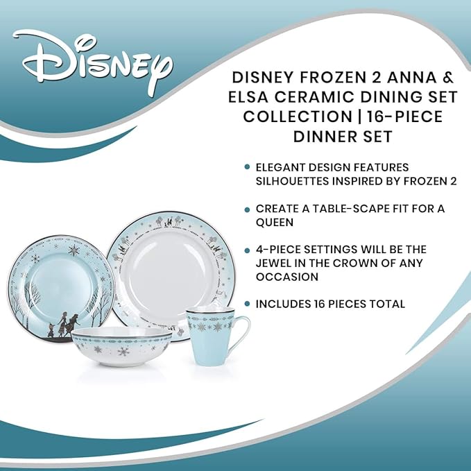 Disney Frozen 2 Anna & Elsa Themed Dinnerware Dining Set | Official Disney Collectible Ceramic Display | Includes Plates, Bowls, And Mugs | 16-Piece Set