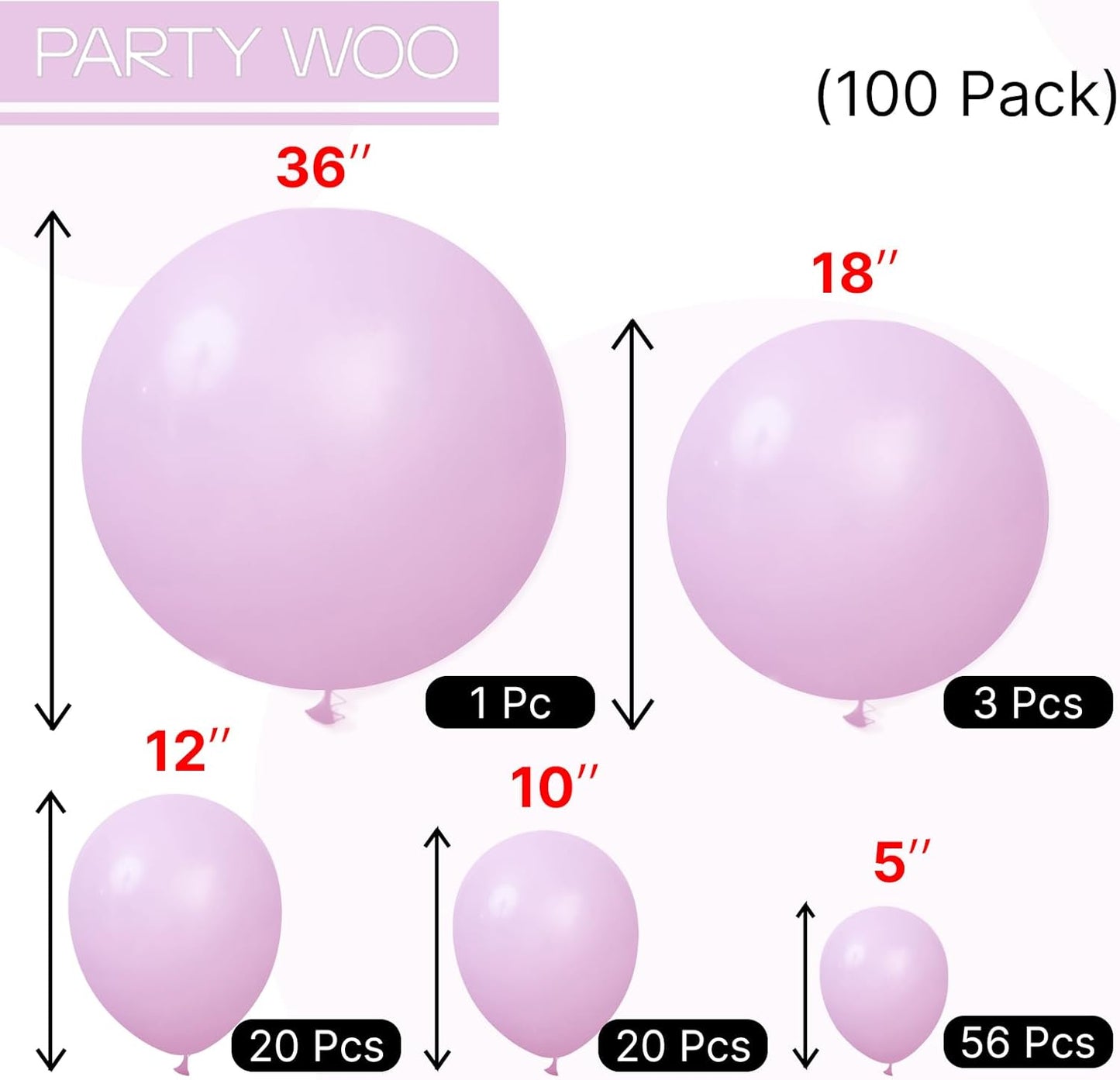 PartyWoo Pink Balloons 100 pcs Different Sizes of 36 18 12 10 5 Inch Lilac Pastel Pink Purple Latex Helium Balloon Arch Kit Garland for Baby Shower Butterfly Birthday Party Decorations Pink-Q04