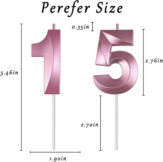 Pink Number 15 Candles, 3D Diamond 2.76 Inch Cake Topper Birthday Candles for Wedding Anniversary Cake Decorations, Happy Birthday Party Decorations