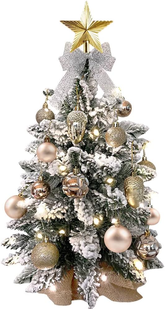 Small Christmas Tree with Light for Table Top, Mini Tabletop Christmas Tree with Decoration, 2FT Pre-lit Artificial Flocked Christmas Tree for Home, Office, Desk, Gold