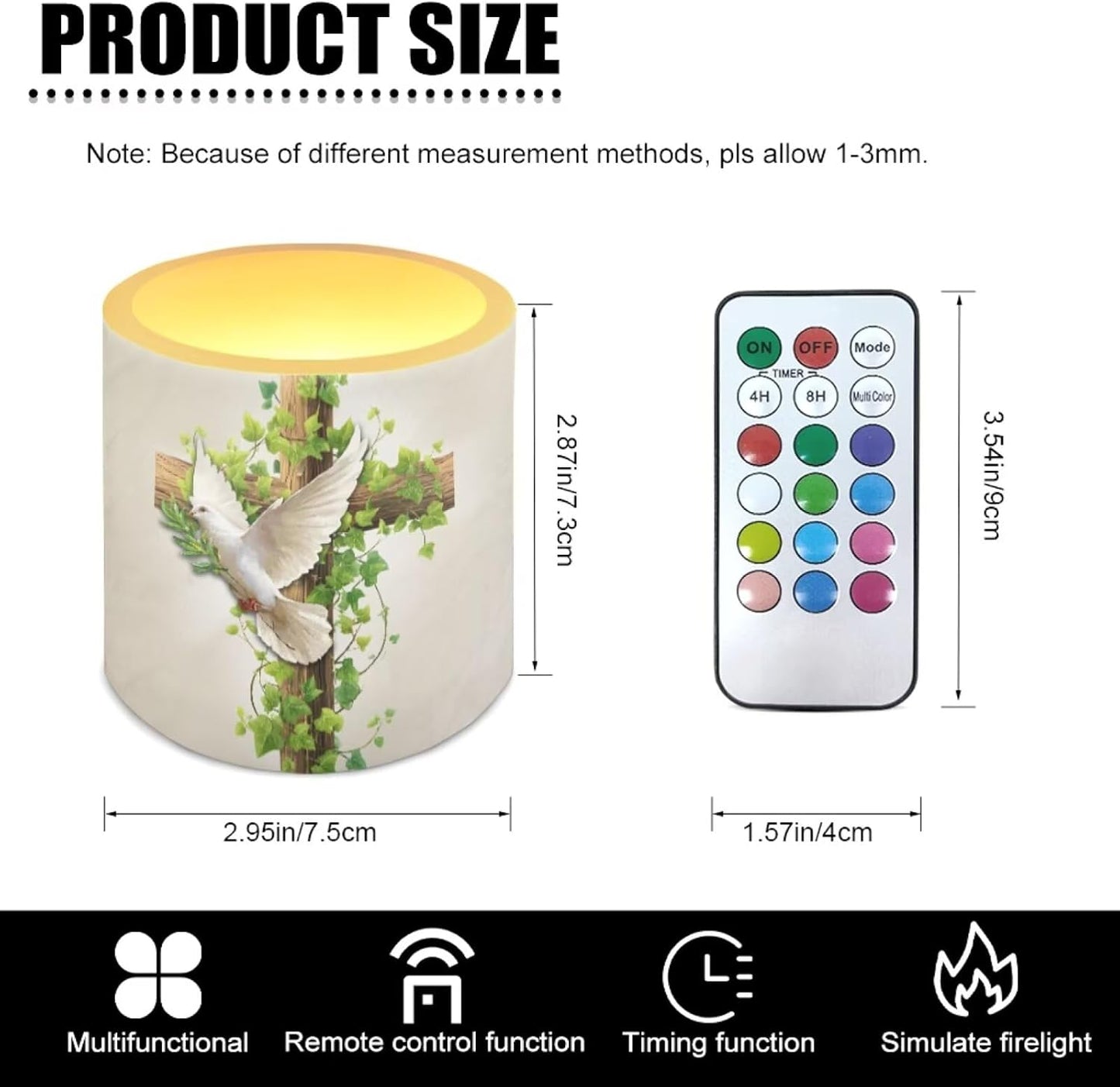 Poceacles 4 Pack Flickering Flameless LED Candles with Remote Timer, 3 AAA Batteries Operated (Not Include), Colorful Flame Effect Realistic LED Lights Home Decor, Cross Dove of Peace Retro