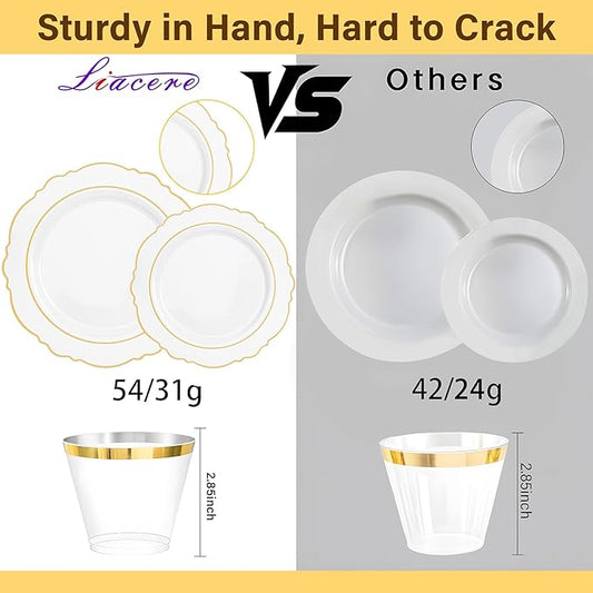 Liacere 700PCS Gold Plastic Plates - Baroque Dinnerware Sets for 100 Guests - 200 Disposable Plates(10inch,7inch), 300 Gold Plastic Silverware, 100 Cups, 100 Napkins for Wedding & Easter Day