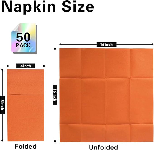 Orange Napkins Hand Towels Disposable, Linen-Feel Dinner Napkins with Prefolded Built-in Flatware Pocket, Guest Paper Hand Towels for Wedding, Thanksgiving Or Party (16x16in, 50Pack)