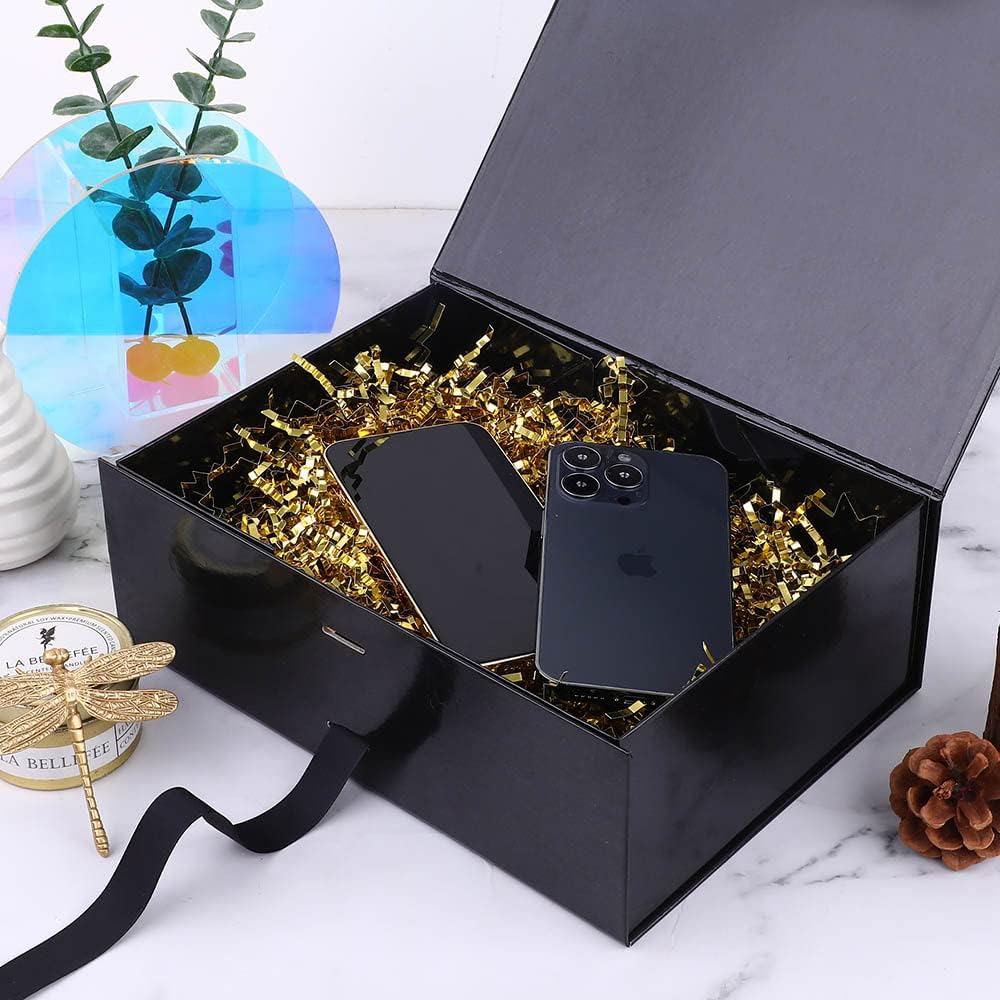 Glossy Black Groomsman Gift Box - 10x7.3x3.5 Inches, Decorative Box with Ribbon and Magnetic Lid Closure