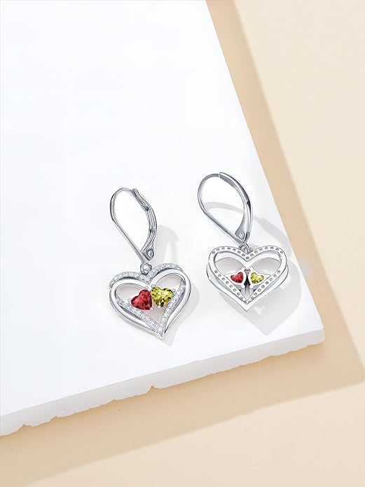 Valentines Day Gifts for Women, Heart Leverback Earrings Double Birthstone Dangle Earrings for Women, Love Jewelry for Her, Anniversary Birthday Gift for Mom Wife Girlfriend