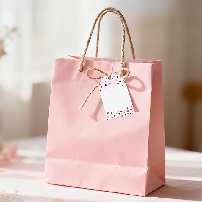 Anwyll Gift Tags with String - 100Pcs Pink Confetti Polka Dot Gift Bag Tags Personalized White Blank Hang Paper Label Tag for Birthday Party Bridal Shower Wedding Valentines Mothers Day Favors Present