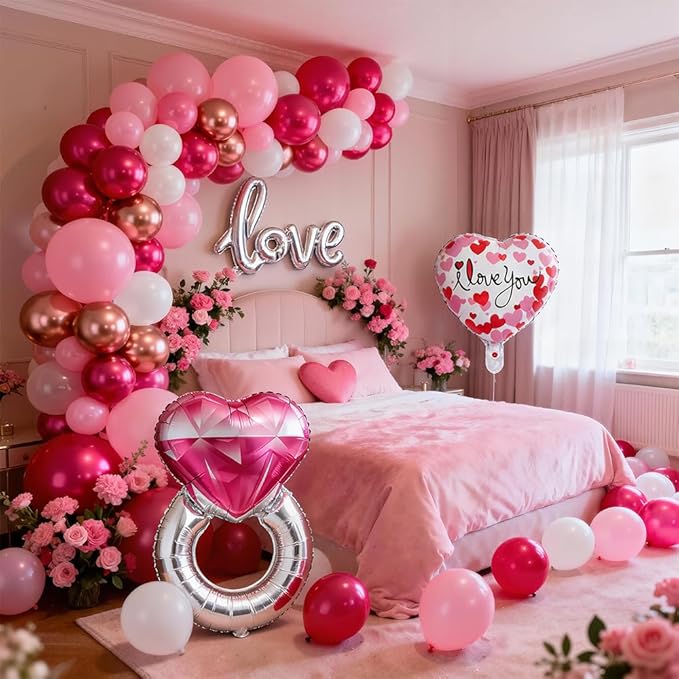 Valentines Day Balloon Arch Kit, Pink Rose Red Rose Gold Balloon Garland & I LOVE YOU/Love/Diamond Ring Foil Balloons for Galentines Mothers Day Wedding Engagement Anniversary Party Decorations