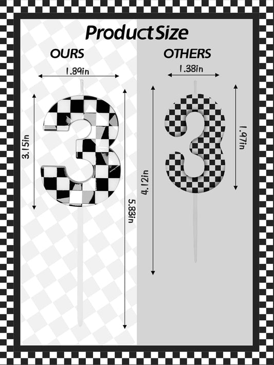 Number 3 Racing Cars Birthday Candles,2.68 Inch Black White Checkered Birthday Number Candles, Cool Racing Themed Number Candles for Boys and Girls, Kids Race Car Themed Party Decorations Supplies