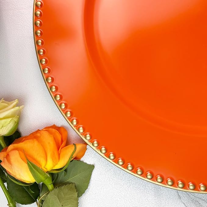 Orange Charger Plates with Beaded Rim, 13" Round Charger for Dinner Plates, Set of 6, Plastic Plate Chargers for Halloween, Table Setting, Party Decoration.