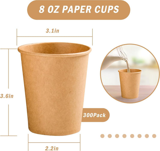300 Pack 8 oz Paper Coffee Cups, Disposable Kraft Coffee Cups, Hot/Cold Drinking Cup for Water, Coffee, Juice