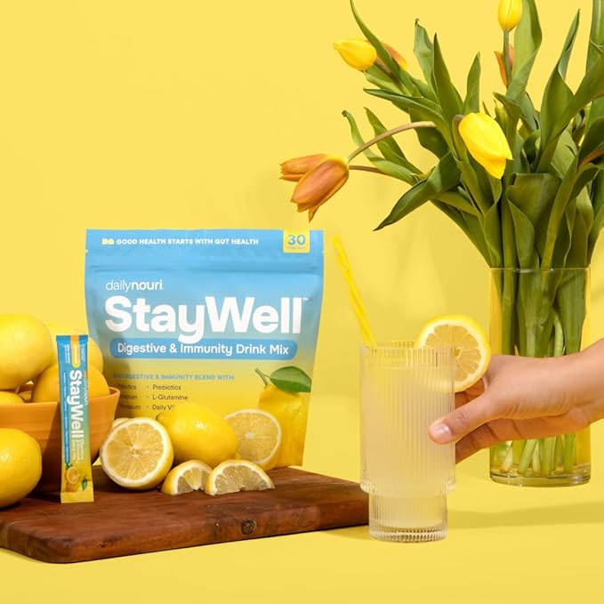 DAILYNOURI StayWell Digestive & Immunity Drink Mix | Supports Gut Health, Digestion, Immunity & Energy | Probiotics, Prebiotics, Colostrum & Daily Vitamins | 30 Stick Packs