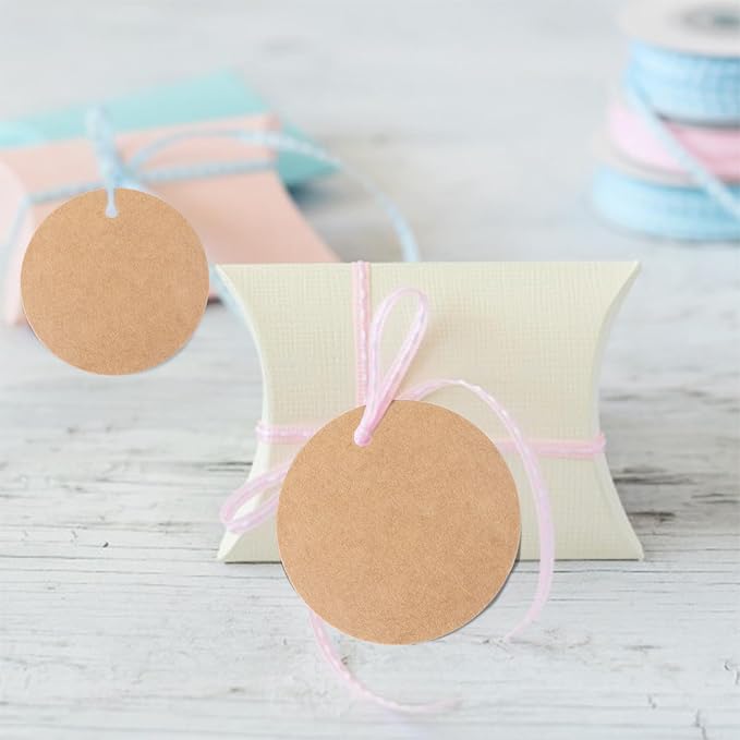 G2PLUS 100PCS Kraft Paper Gift Tag with String,2.2'' Round Paper Tags Blank Hang Tags Brown Circle Tags with Holes for Craft Projects, Xmas Gift, DIY Wedding Favor Bag
