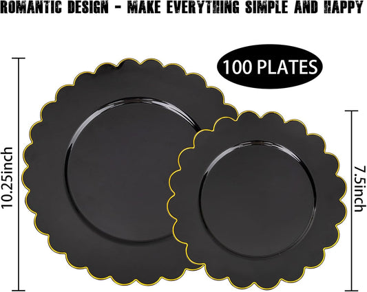 supernal 100pcs Black and Gold Plastic Dinnerware Set - Scalloped Disposable Plates Heavy Duty Gold And Black Plastic Plates Service for 50 Guests,Perfect for Party Birthday Wedding Festival