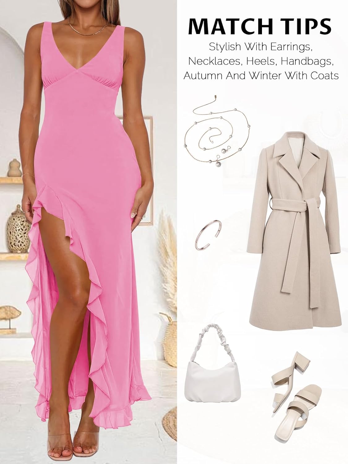 Women Sexy V Neck Sleeveless Mesh Ruffle Hem Bodycon Maxi Casual Backless High Slit Cocktail Party Dress
