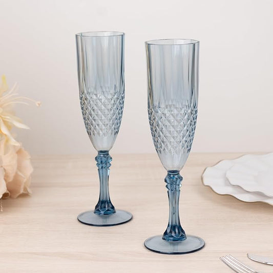 Efavormart 6-Pack Champagne Glasses, 8oz Shatterproof Plastic Crystal Cut Toast Flutes, Dusty Blue for Party Celebration Wedding