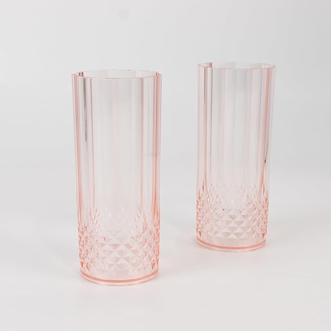 Efavormart 6-Pack Plastic Highball Glasses, 14oz Shatterproof Crystal Cut Drink Glasses for Kitchen Mojito Whiskey Cocktail, Transparent Blush