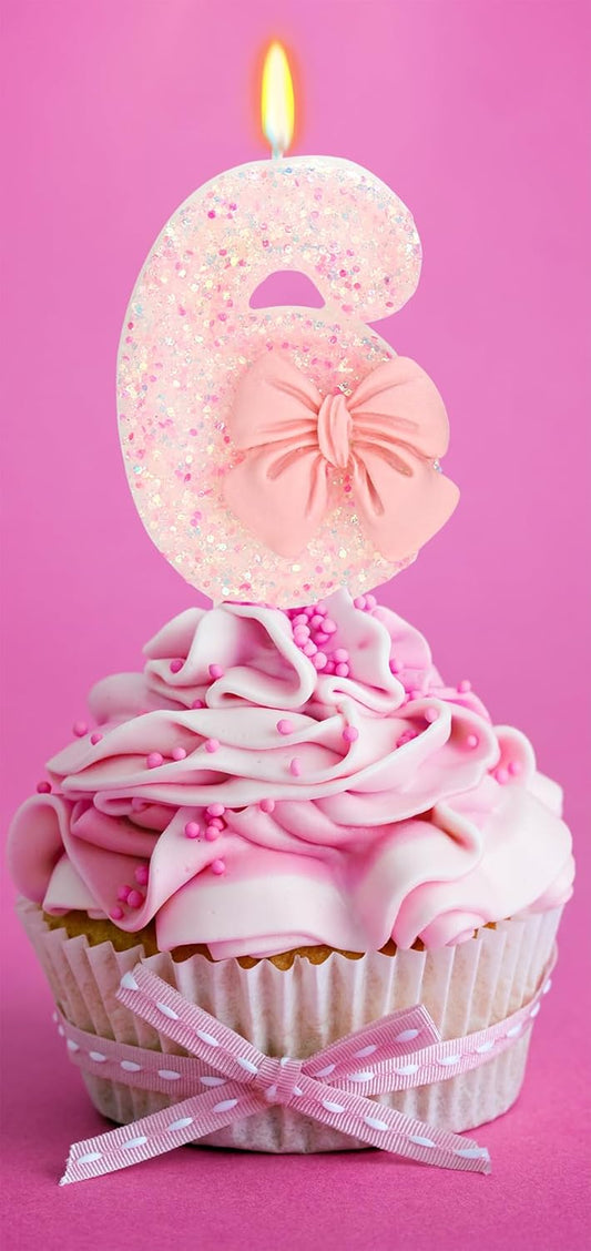 Birthday Candle for Cake, 6 Candle - Pink Glitter with Bowknot, 2.76 inch Happy Birthday Candle, Cake Topper Decoration for 6 Years Old Birthday Party (Number 6)