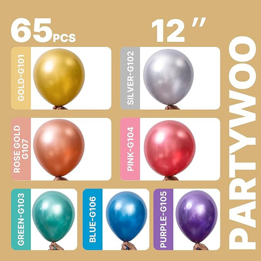 PartyWoo Metallic Balloons 65pcs 12 Inch Metallic Blue Silver Gold Purple Pink Green Rose Gold Latex Balloons for Baby Shower Wedding Engagement Unicorn Rainbow Birthday Party Decorations