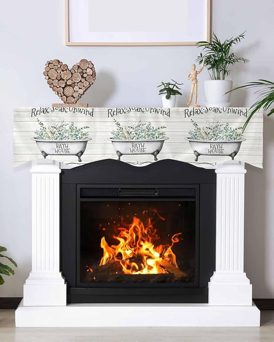Bathtub Eucalyptus Leaves Fireplace Mantel Scarf Table Runner, Farmhouse Botanical Wooden Winter Garland Mantel Top Tablerunners Dresser Scarves Decorations for Windows Party Living Room 60''x17''