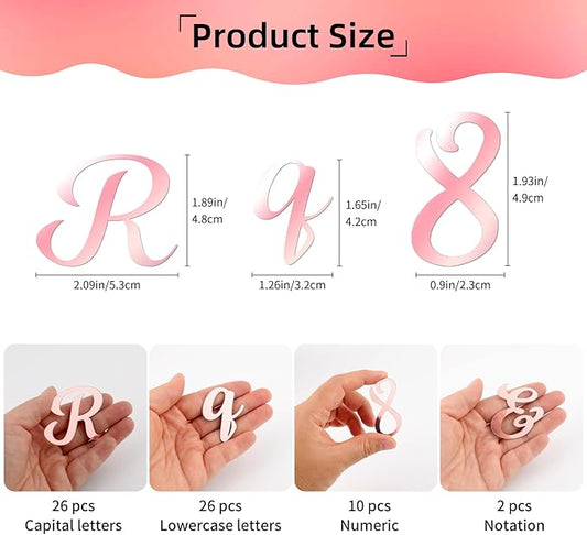 64 Pcs Pink Acrylic Cake Toppers Letters and Numbers, Mirror A-Z Alphabet & 0-9 Numbers for Personalized Cake Decorations, Birthday Wedding Baby Shower Party Picks