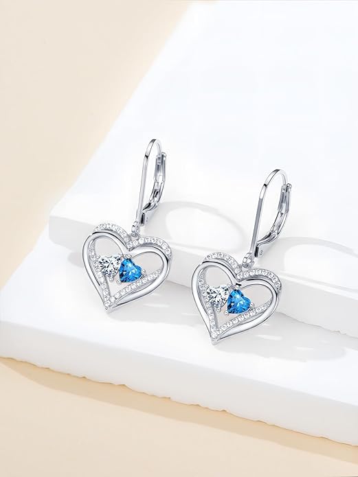 Valentines Day Gifts for Women, Heart Leverback Earrings Double Birthstone Dangle Earrings for Women, Love Jewelry for Her, Anniversary Birthday Gift for Mom Wife Girlfriend