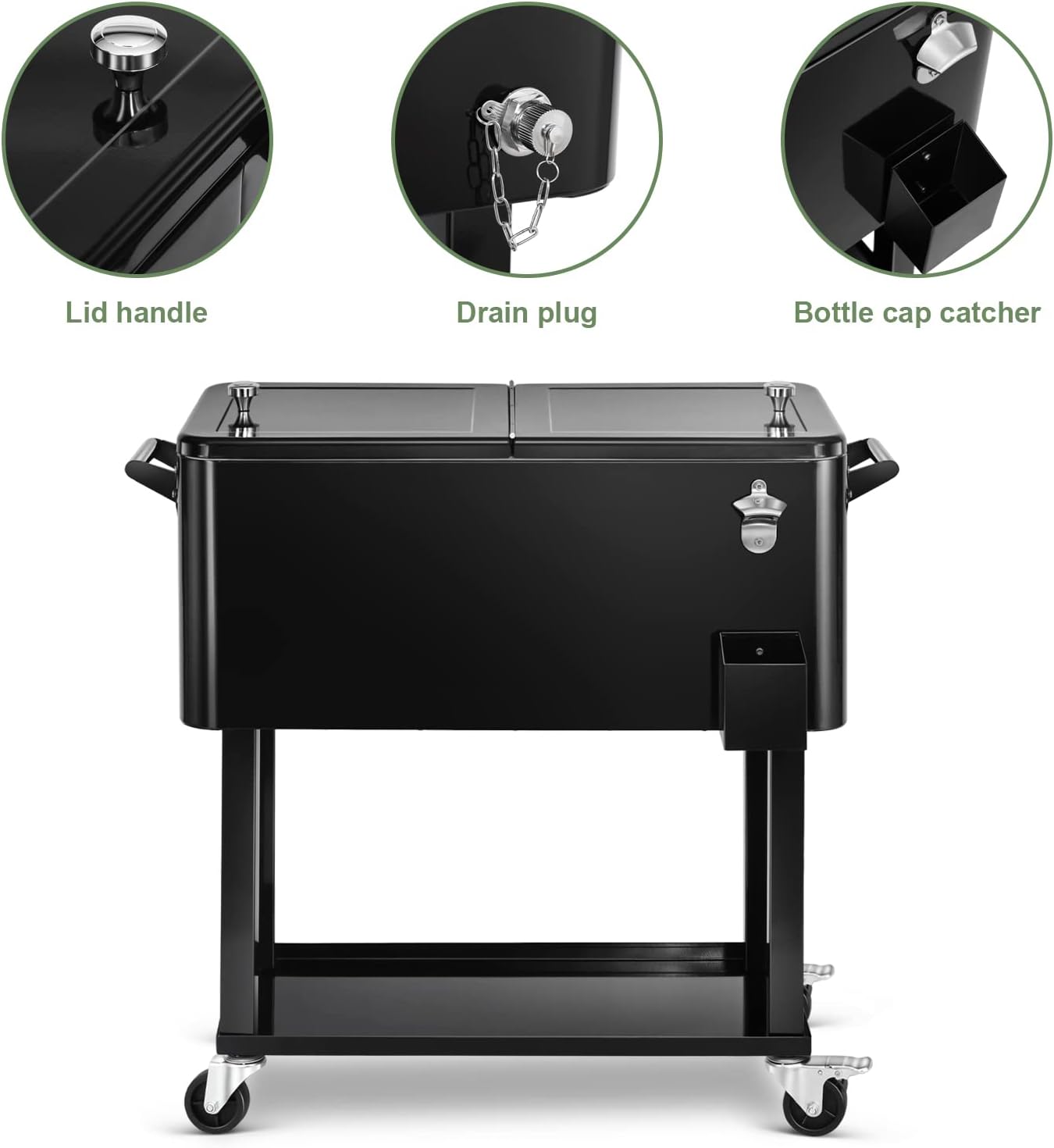 EDOSTORY 80 Quart Rolling Ice Chest Cooler Cart,Patio Backyard Party Drink Beverage Bar Stand Up Cooler Trolley with Ice Scoop